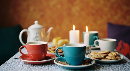 Fototapeta premium Colorful Coffee Cups and Cookies on Elegant Table with Candles in Cozy Kitchen