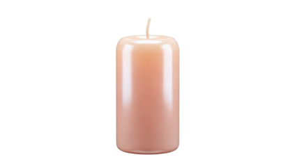 Single unlit peach colored cylinder candle on a white background