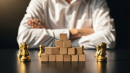 Business professional in white shirt sitting behind a table with wooden blocks and chess pieces in a strategic setup