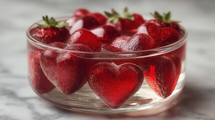 Valentine's day. valentine day in tropical concept heart jelly strawberry dessert sparkle romance in glass bowl on marble background and sweet freshness feeling sharing love