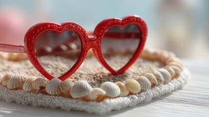 Valentine's day. Heart sunglasses red eyewear beach accessory seashell decoration summer romance holiday gift valentine day in tropical concept scene sea vacation romantic mood sunlight reflection