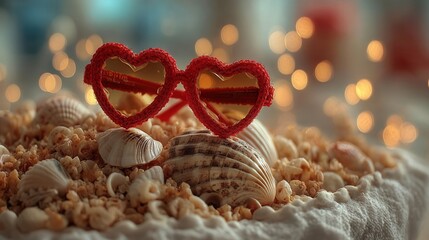 Valentine's day. valentine day in tropical concept romantic heart sunglasses on sea shell beach sand warm bokeh light holiday mood love detail closeup