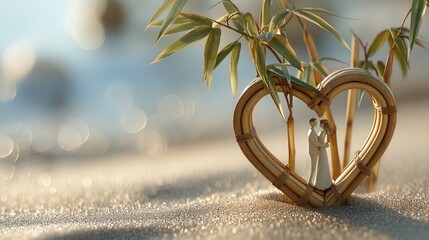 Valentine's day. valentine day in tropical concept romantic couple figurine inside bamboo heart frame on sandy beach blur ocean sunset dreamy love holiday scene