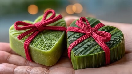 Valentine's day. Valentine gift heart box tropical concept day love romantic green natural ribbon sweet in hand