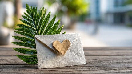 Valentine's day. valentine day tropical concept love letter romantic envelope heart valentine day tropical concept love letter romantic envelope heart wooden table with green palm leaf background