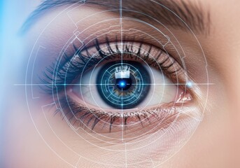 Closeup of a human eye with futuristic digital interface overlay, symbolizing technology, vision, and data