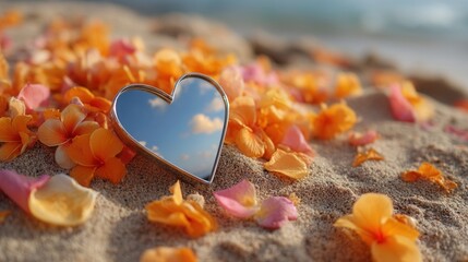 Valentine's day. valentine day in tropical concept heart mirror beach sand flower sunset sky reflection romance tranquil dreamy mood