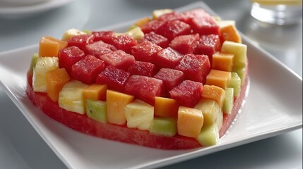 Valentine's day. valentine day in tropical concept fruit heart dessert, colorful cube watermelon pineapple melon, romantic plate snack for summer party celebration