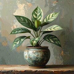 A potted plant with patterned leaves sits on a wooden surface against a mottled, painted backdrop