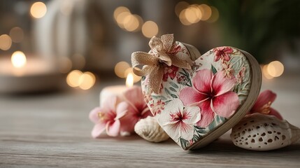 Valentine's day. valentine day in tropical concept heart gift box with floral decoration on wooden table with seashell and candle bokeh light create romantic holiday mood for couple love