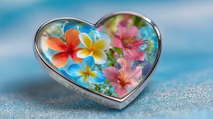 Valentine's day. Valentine tropical day heart flower concept background in tropical concept fantasy romantic love metal jewelry vibrant color summer nature design macro closeup dreamy