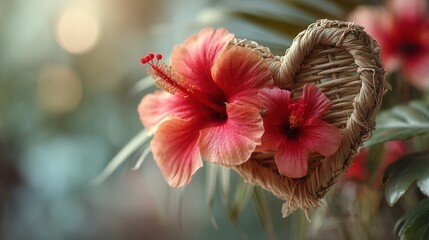 Valentine's day. Valentine day in tropical concept romantic heart wicker decor with red hibiscus flower nature background soft light dreamy mood celebration love card design