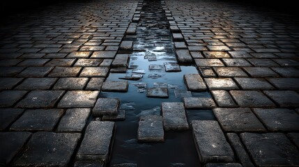 Abstract Rectangular Brick Road Pattern with Dark Puddles Under Night Light with Sparkles and Reflection of Artificial Lighting in Industrial Ambiance