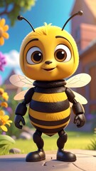Animated, smiling insect character with a yellow and black body, standing outdoors in front of a garden scene