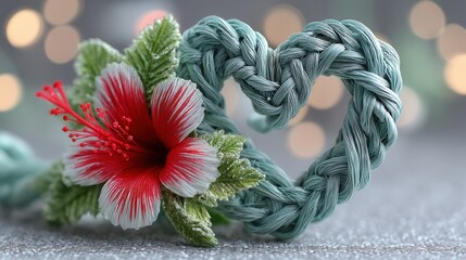 Valentine's day. Woven heart valentine day in tropical concept design with red hibiscus flower and green leaf on glitter background, romantic love symbol for holiday greeting card decoration