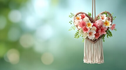 Valentine's day. Valentine day in tropical concept heart wreath floral decoration hanging boho romantic pastel flower bouquet nature background copy space love card design