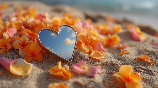 Valentine's day. valentine day in tropical concept heart mirror beach sand flower sunset sky reflection romance tranquil dreamy mood