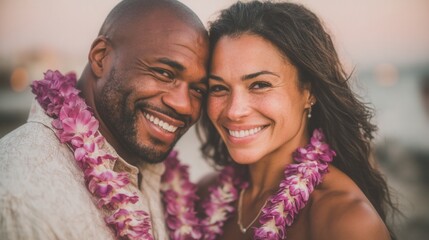 Valentine's day. valentine day in tropical concept romantic couple smile beach sunset warm light flower lei necklace tender hug love mood