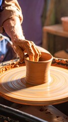 A potter shapes a clay vase on a spinning wheel. Hands are covered in wet clay, forming the pot