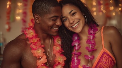Valentine's day. Valentine day in tropical concept couple romance close hug smiling wet skin beach party neon bokeh background
