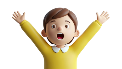 3D cartoon child with arms raised in surprise and open mouth