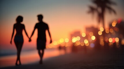 Valentine's day. valentine day in tropical concept romantic couple silhouette holding hands sunset beach city light palm tree dreamy mood vacation escape love