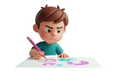 Frustrated Boy Drawing with Pink Pencil