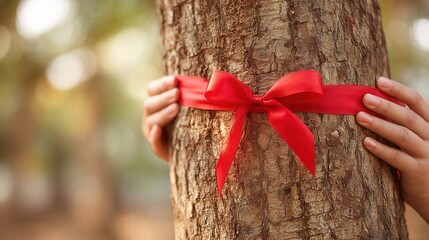Valentine's day. valentine day in tropical concept red ribbon tree trunk love nature eco romantic celebration forest hand embrace environment warm light soft focus