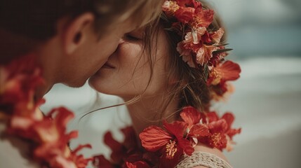 Valentine's day. valentine day in tropical concept romantic couple kiss closeup tender emotion floral lei beach background soft light dreamy mood warm tone love holiday celebration