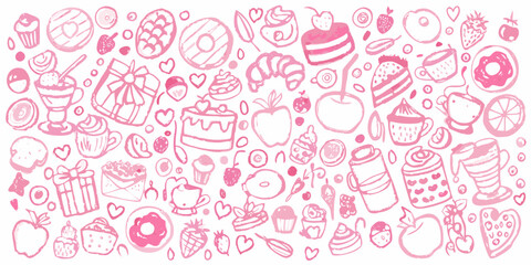 Naklejka premium a pink line drawing of various desserts and fruits on a white background