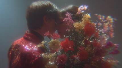 Valentine's day. valentine day in tropical concept dreamy romantic couple love bouquet flower soft light pastel color intimate mood modern fashion portrait