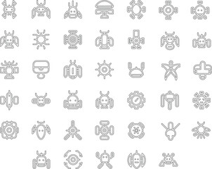 Large set of abstract geometric robot icons in grey outline style showing futuristic technology symbols for game design.
