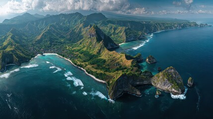 Aerial Panorama of Tropical Island Coastline with Lush Green Hills and Turquoise Water Under Cloudy Sky in Warm Sunlight