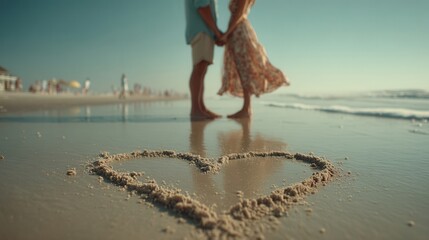 Valentine's day. valentine day in tropical concept romantic couple hold hand on beach near heart shape sand drawing love vacation sunset ocean shore reflection serene moment