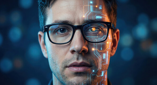 Portrait of man with glasses and futuristic digital interface overlay on face. - Powered by Adobe