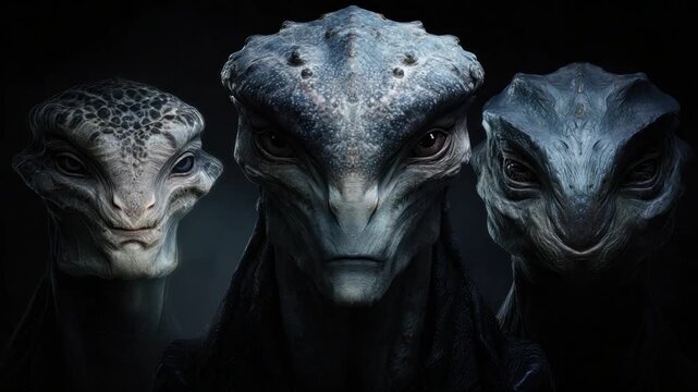 Alien Faces Portrait: Close-up shot of three unique alien faces, each displaying distinct features and expressions, their skin a blend of cool hues under the stark darkness. The image evokes mystery.