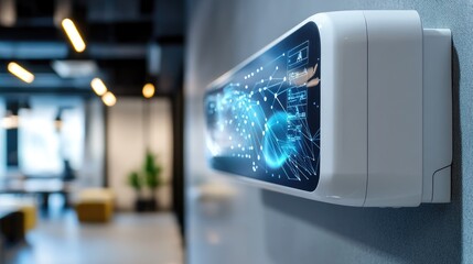 Modern Digital Display Screen in Contemporary Office Environment Showcasing Abstract Data Visualization and Technological Innovations