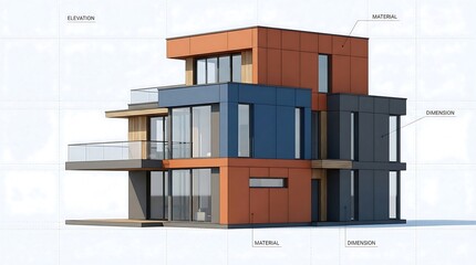 Modern multi-story house with labeled architectural elements