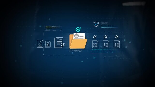 Hand pointing at virtual document approval interface with secure file system and checklist icons, perfect for business automation and paperless workflow, and verified digital documents concepts.