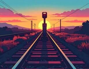 Animated sunset scene with railroad tracks converging towards the setting sun. Silhouettes of vegetation and poles adorn the horizon