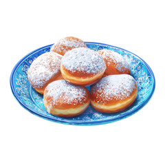 A plate of sweet fried doughnuts dusted with powdered sugar isolated on transparent background