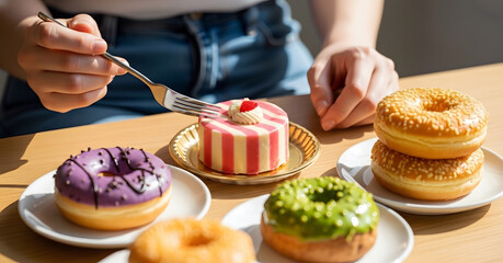Delicious assorted donuts and cake on table