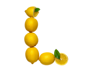 A letter L made of lemons. top view. Minimalistic design on a plain white background 