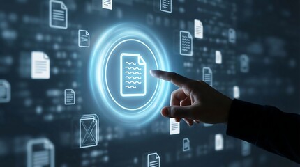 A futuristic interface with a hand interacting with digital document icons, representing modern technology and data management.