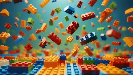 Colorful plastic building blocks in mid-air, scattered and layered on a teal-blue surface