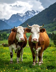 Two brown and white cows standing in a green field