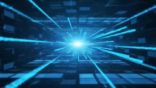 A bright blue light beam radiating from a tunnel with a grid pattern on the ceiling and floor