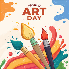 Celebrating world art day with colorful paintbrushes and vibrant paint splatters