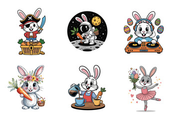 Naklejka premium Six cartoon bunnies in adventurous and creative roles on white background bunny rabbit