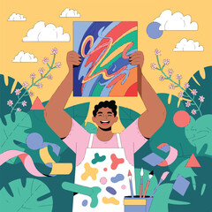 A smiling artist proudly displays a vibrant swirling abstract painting creation